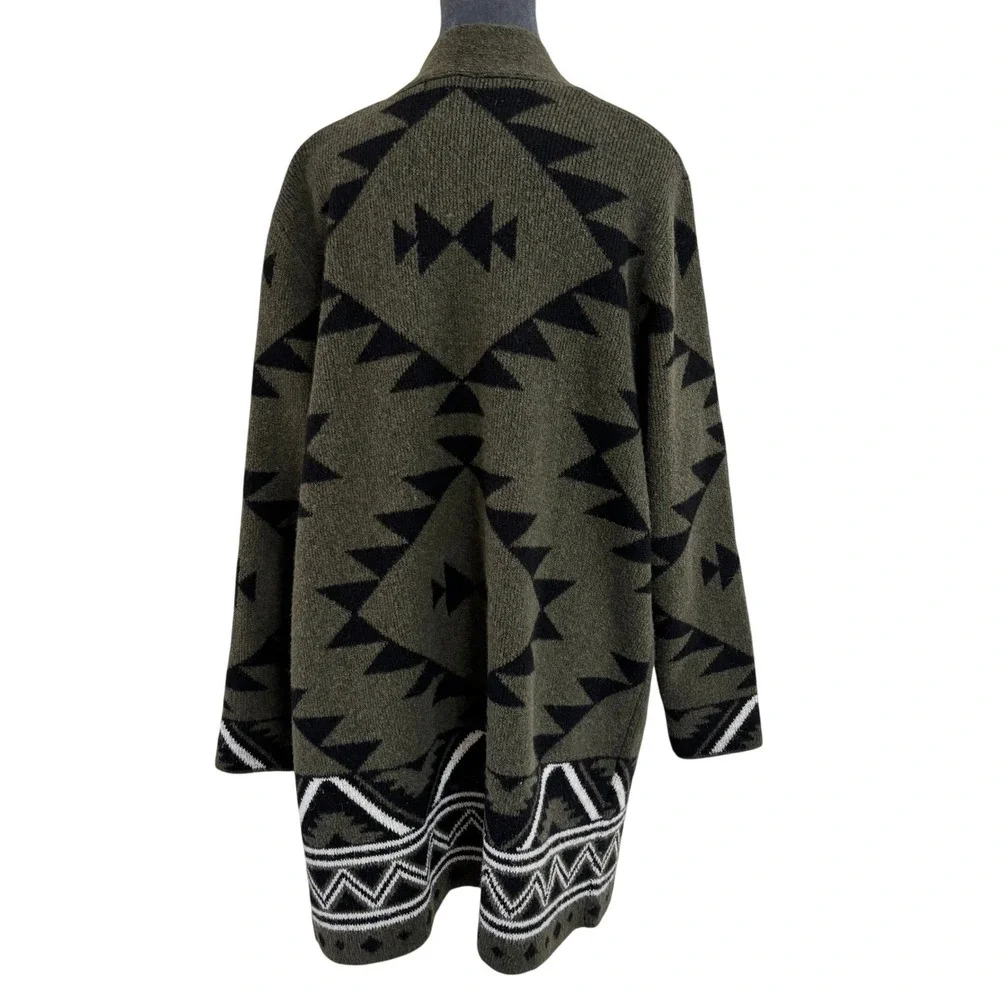 Frye XL Olive Green Boho Southwestern Tribal Geometric Open Duster Cardigan - Picture 2 of 10